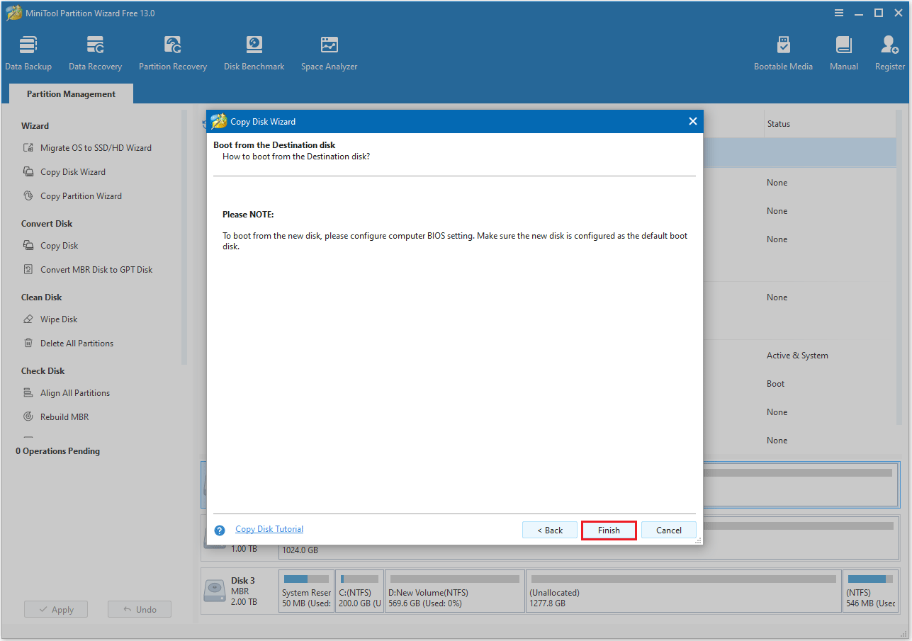 click Finish in MiniTool Partition Wizard