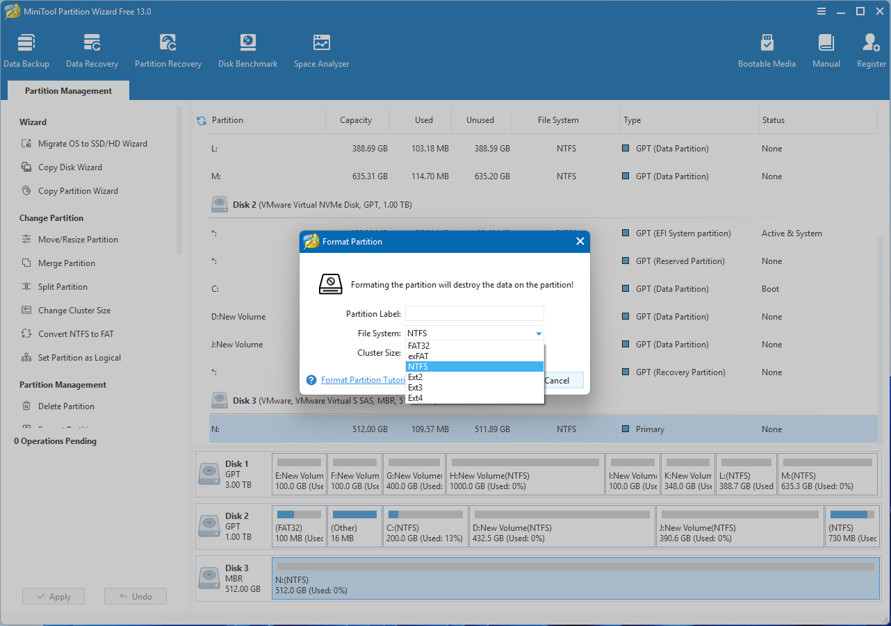 screenshot showing formatting a partition in MiniTool Partition Wizard