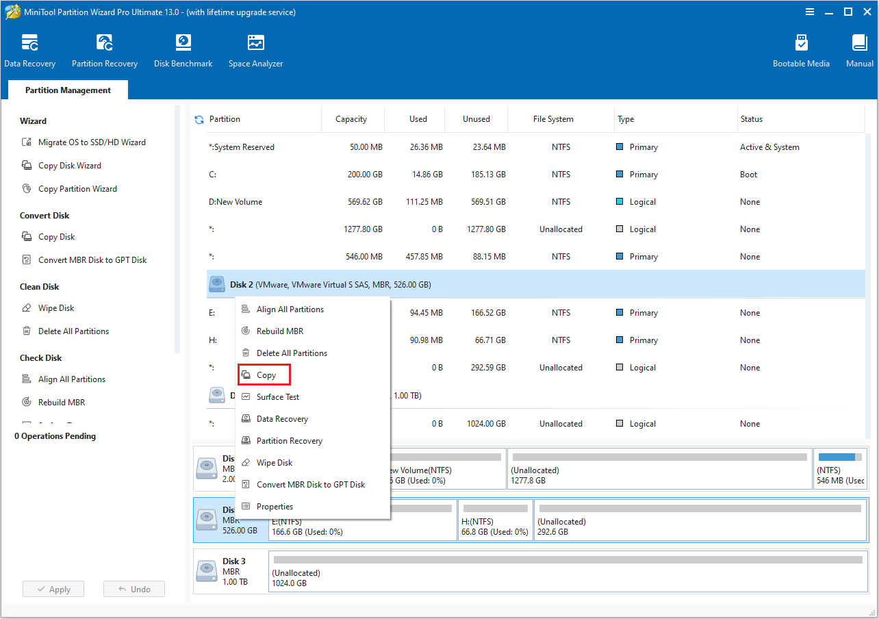 click Copy feature in MiniTool Partition Wizard