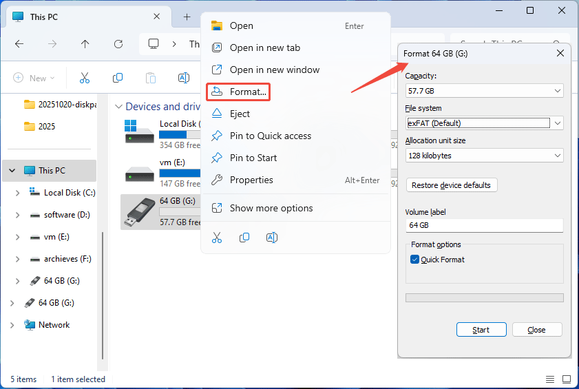 screenshot showing formatting a USB drive in Windows File Explorer