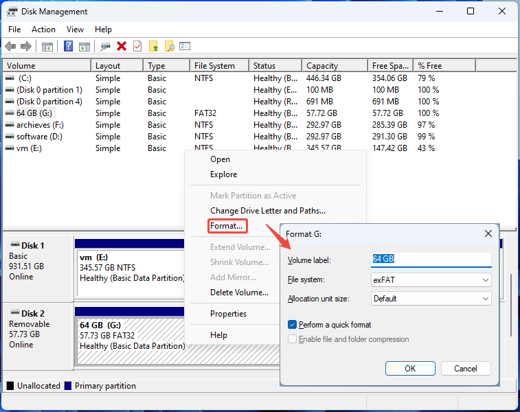 screenshot showing formatting a USB drive in Disk Management