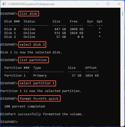 screenshot showing formatting a USB drive via DiskPart commands