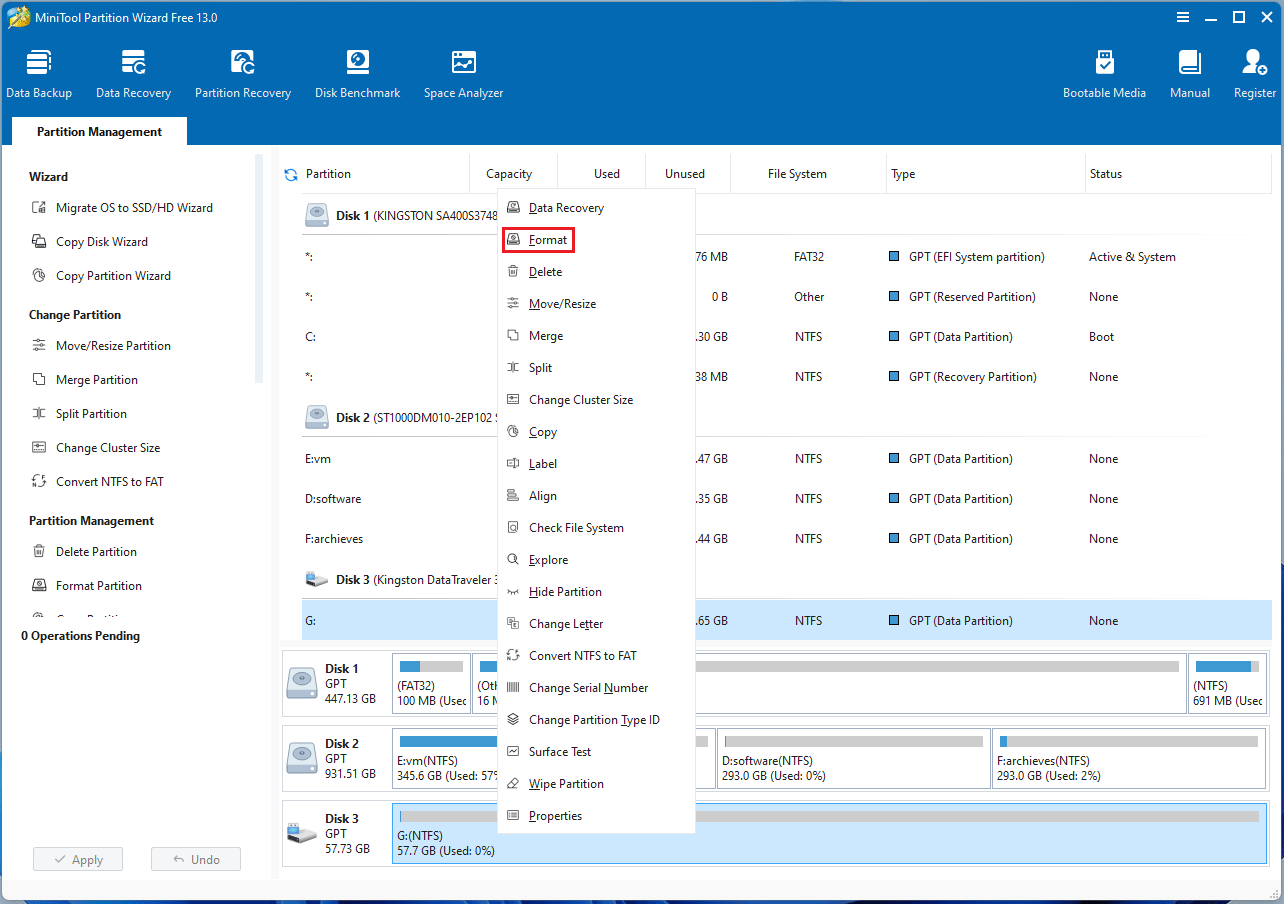 screenshot showing the format feature of MiniTool Partition Wizard