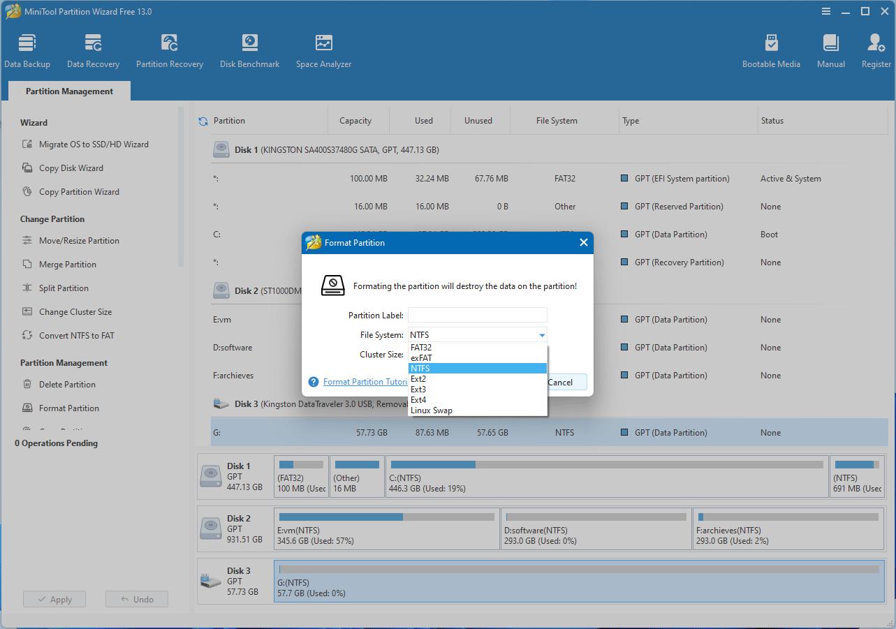 screenshot showing the Format Partition window in MiniTool Partition Wizard