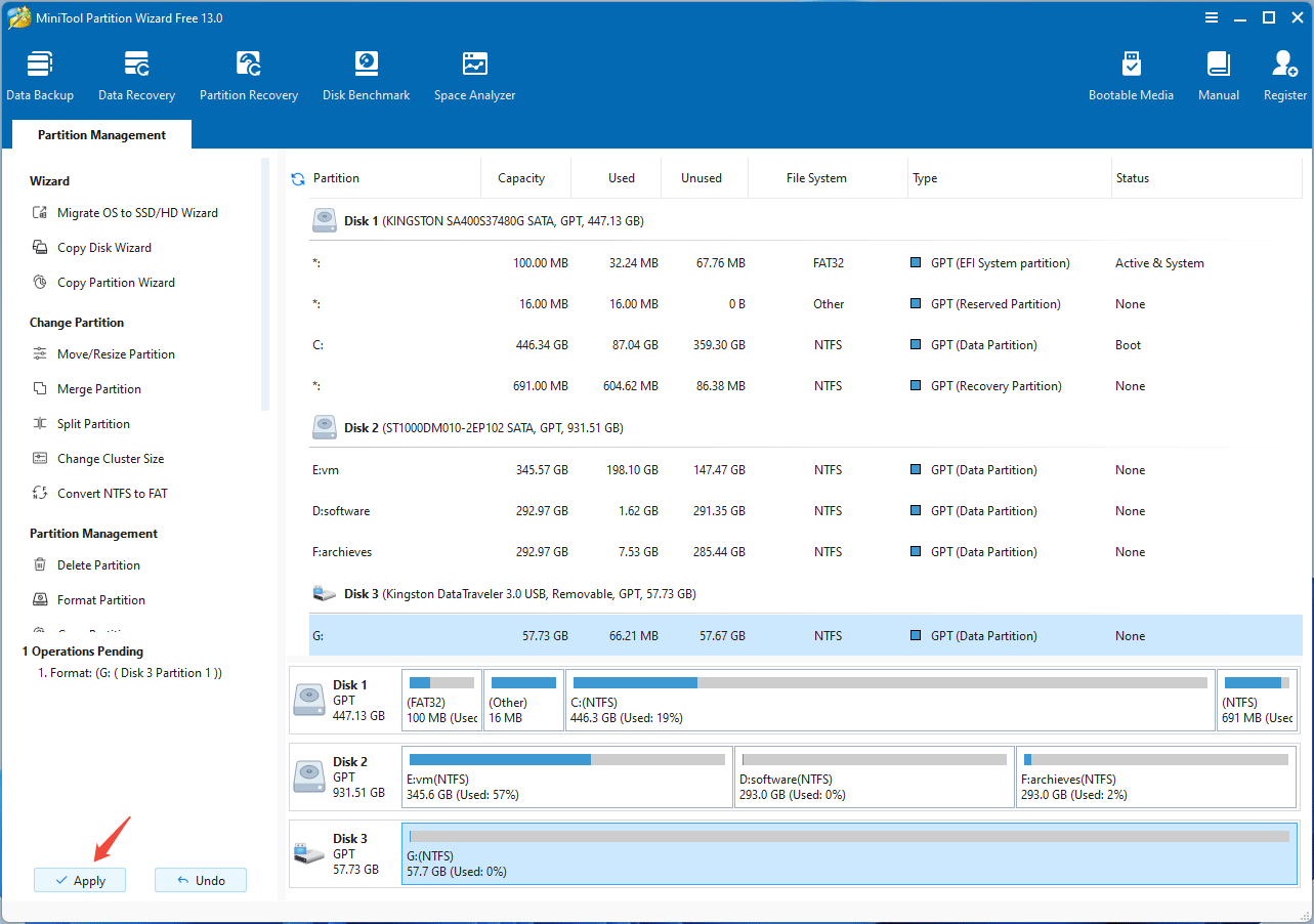 screenshot showing the Apply button in MiniTool Partition Wizard
