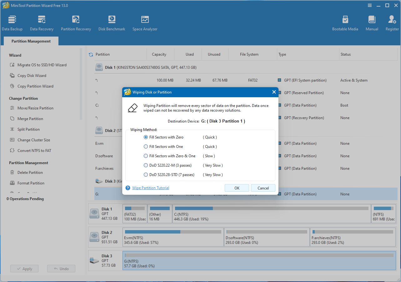 screenshot showing the Wipe feature of MiniTool Partition Wizard