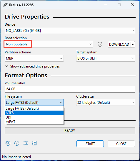 screenshot showing formatting USB via Rufus