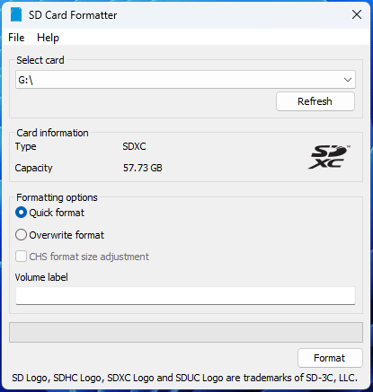 screenshot showing formatting USB via SD Card Formatter