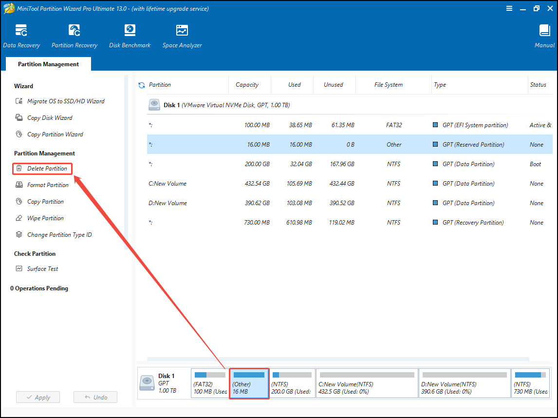 screenshot showing deleting the MSR partition in MiniTool Partition Wizard
