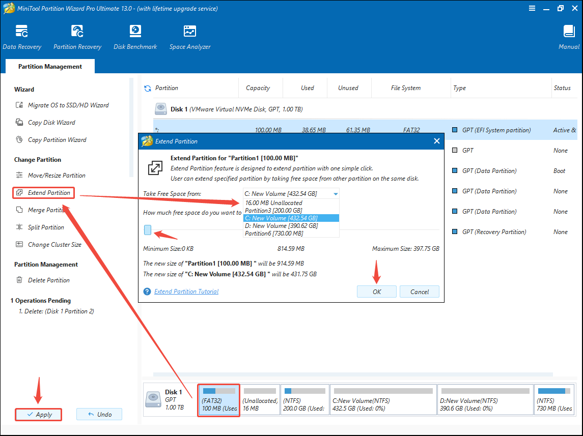 screenshot showing extending the system partition in MiniTool Partition Wizard