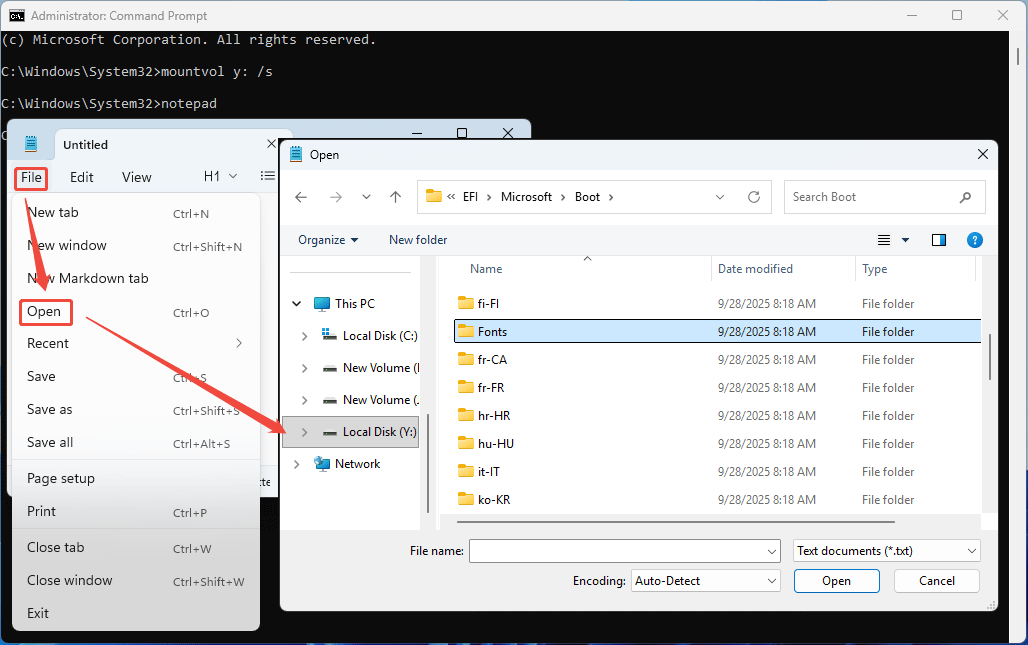 screenshot showing the fonts folder in the EFI System Partition
