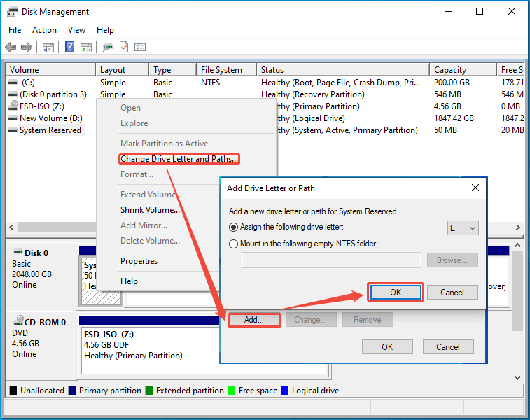 screenshot showing adding a drive letter to the System Reserved partition in Disk Management