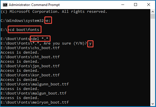 screenshot showing deleting font files from the System Reserved partition via CMD