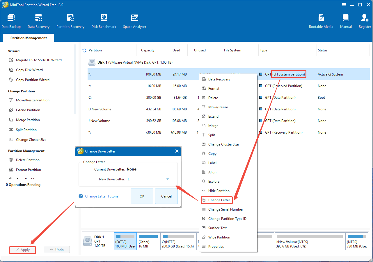 screenshot showing adding a drive letter in MiniTool Partition Wizard