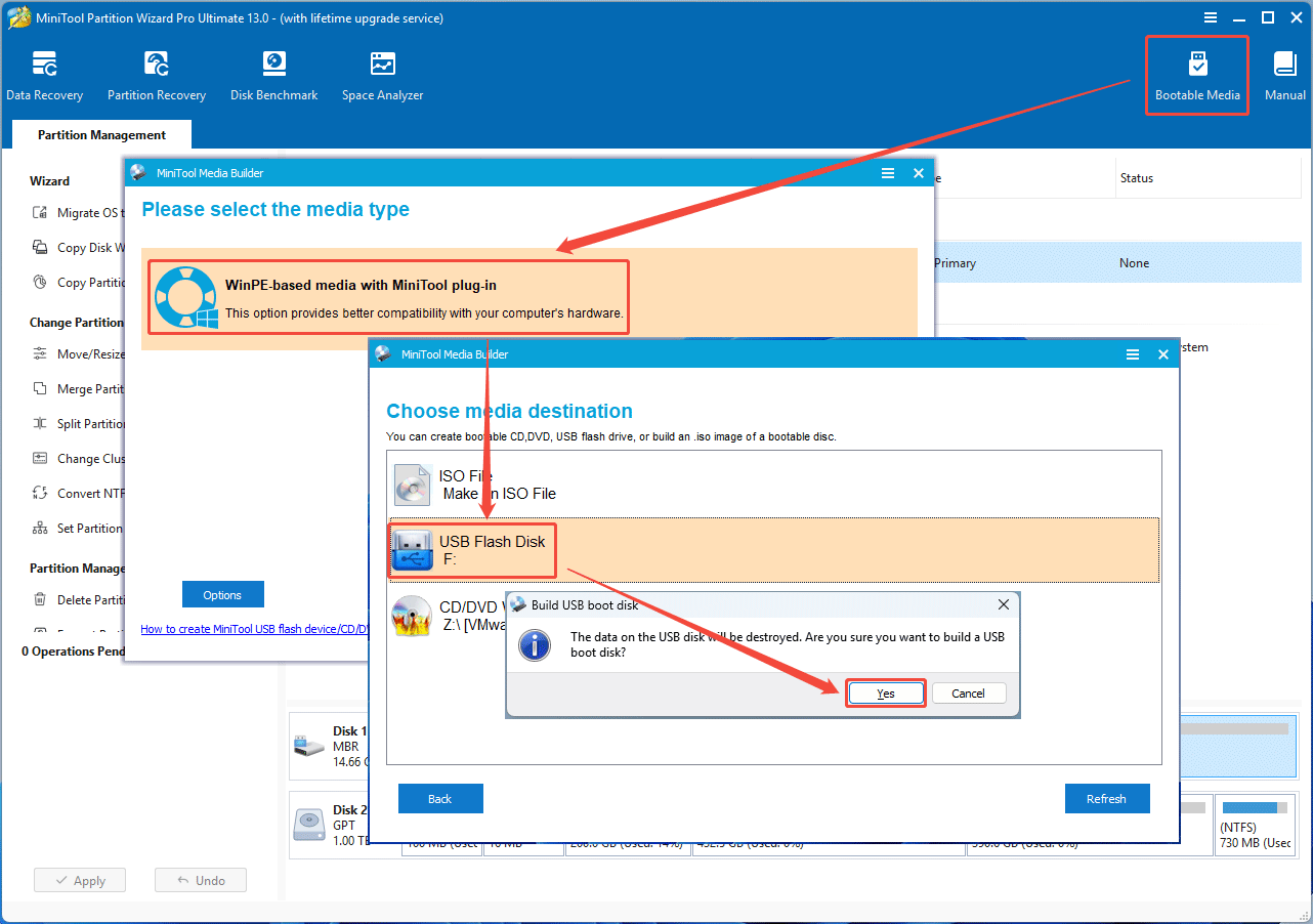 screenshot showing creating a bootable media in MiniTool Partition Wizard