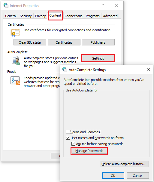 click Manage Passwords in the AutoComplete Settings window
