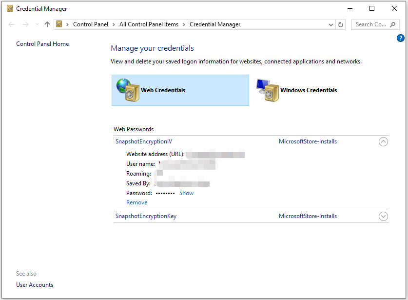click the show button in the Credential Manager