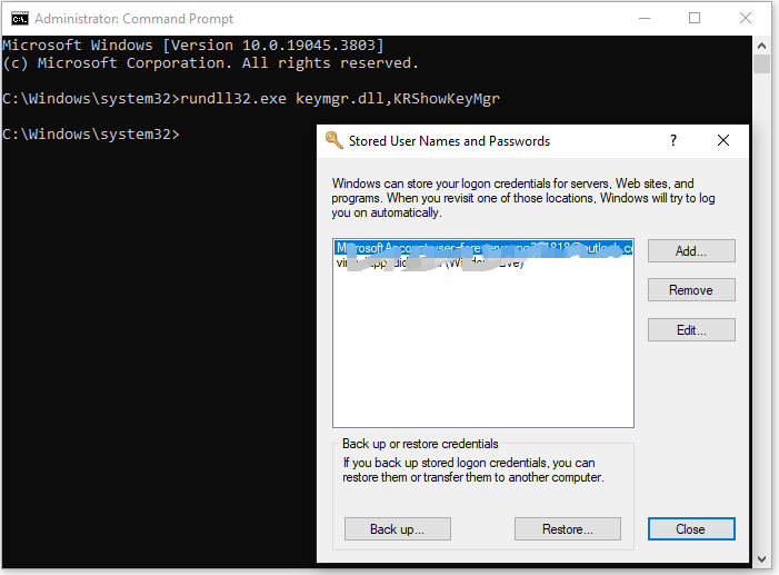 show Stored User Names and Passwords window in Command Prompt