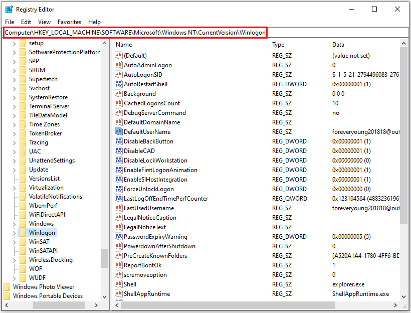 screenshot showing the Winlogon folder in Registry Editor