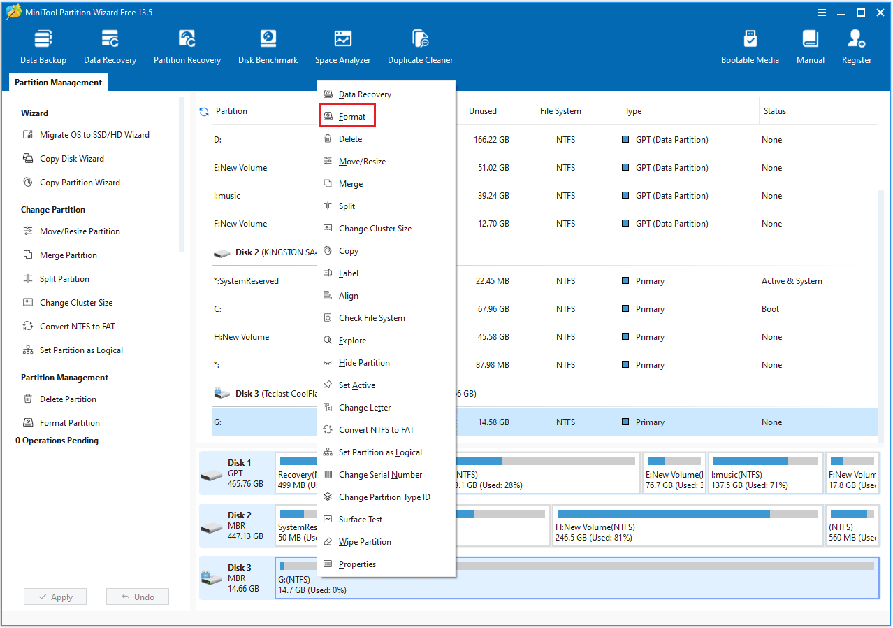 The interface of MiniTool Partition Wizard with the selected Format option.
