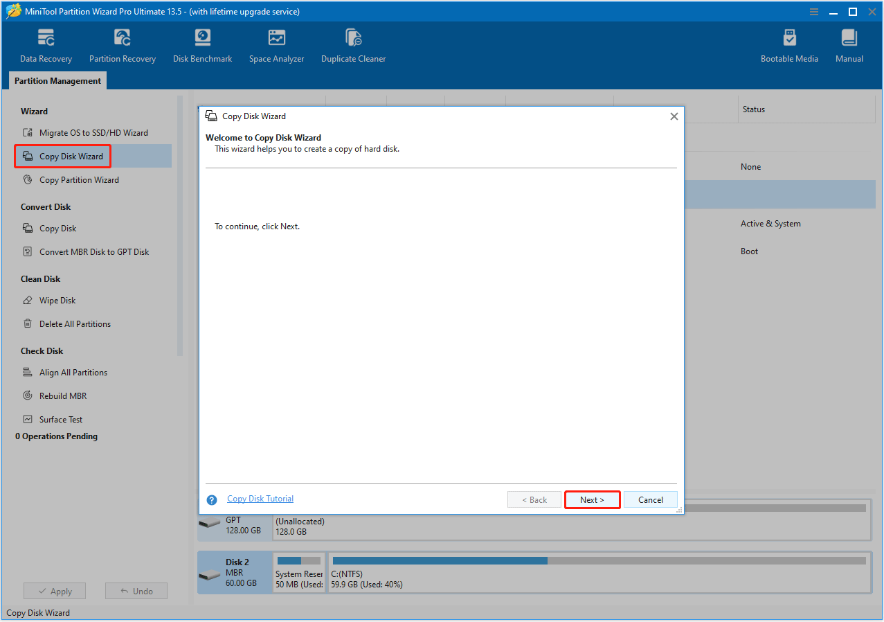The Copy Disk Wizard and Next option selected to clone the disk in the MiniTool Partition Wizard interface.