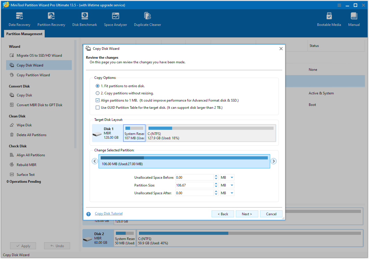 MiniTool Partition Wizard interface with the process of adjusting the Copy Options for the SSD.