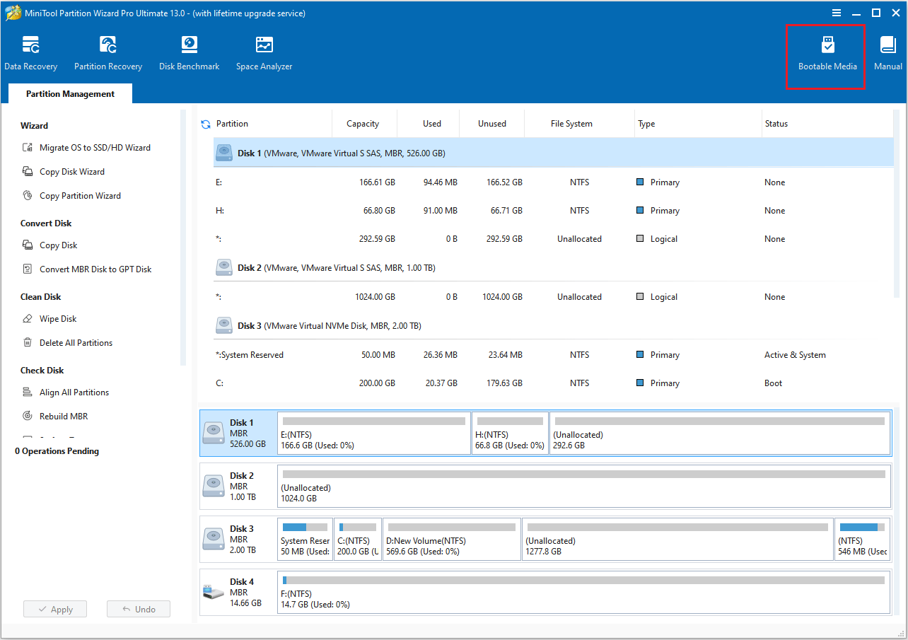 The selected Bootable Media option in the upper-right corner of the MiniTool Partition Wizard interface.