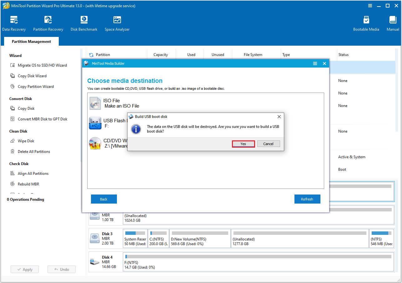 MiniTool Partition Wizard interface showing the process to create a bootable USB drive.