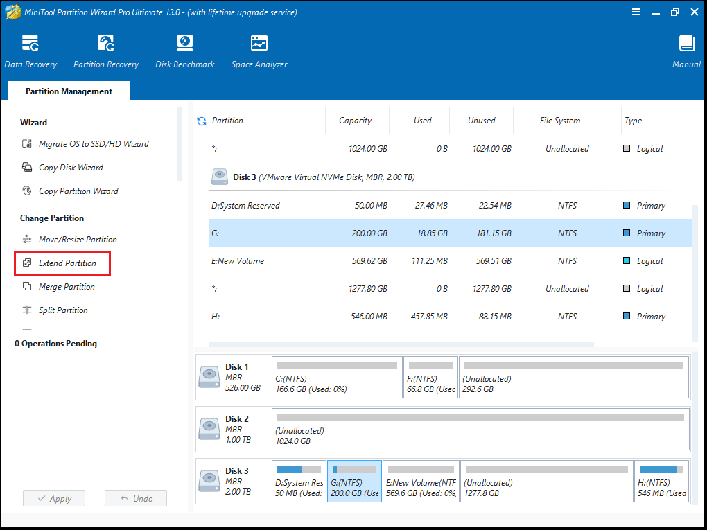 The selected Extend Partition option on the left side of the MiniTool Partition Wizard interface.