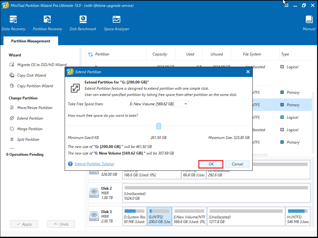 MiniTool Partition Wizard interface with the Extend Partition window to take free space.