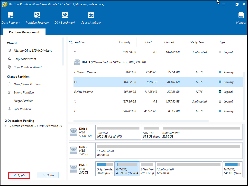 MiniTool Partition Wizard interface with the Apply button selected on the left panel.