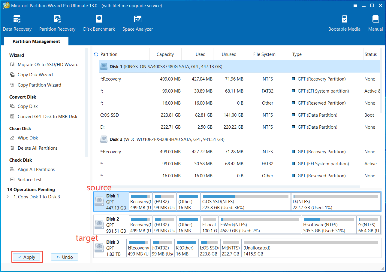 The MiniTool Partition Wizard window with the selected Apply button for disk cloning.