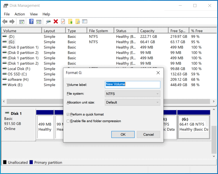 Disk Management window with Format dialog for formatting the old drive after cloning.