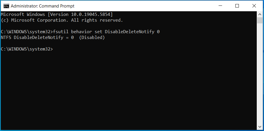 The Command Prompt window with enabling SSD TRIM command.