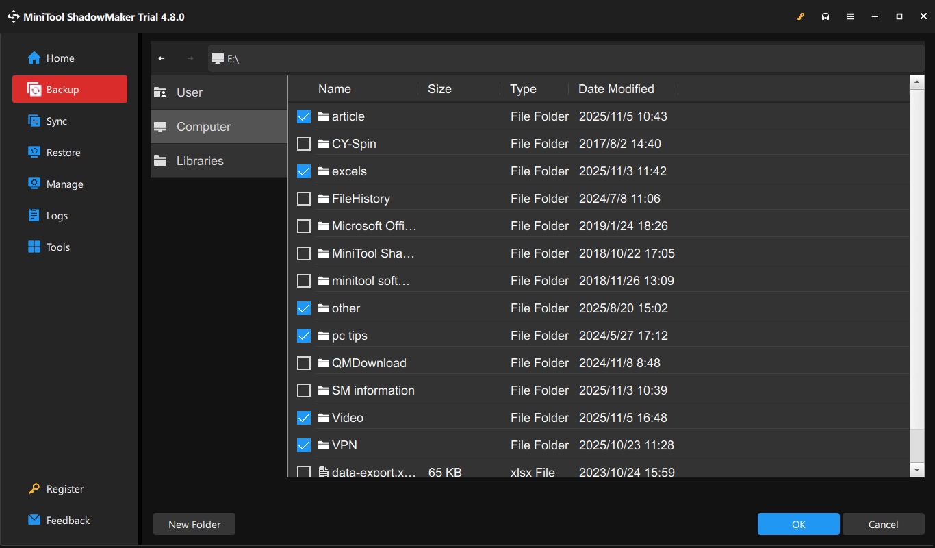 MiniTool ShadowMaker window with selected files for backup.