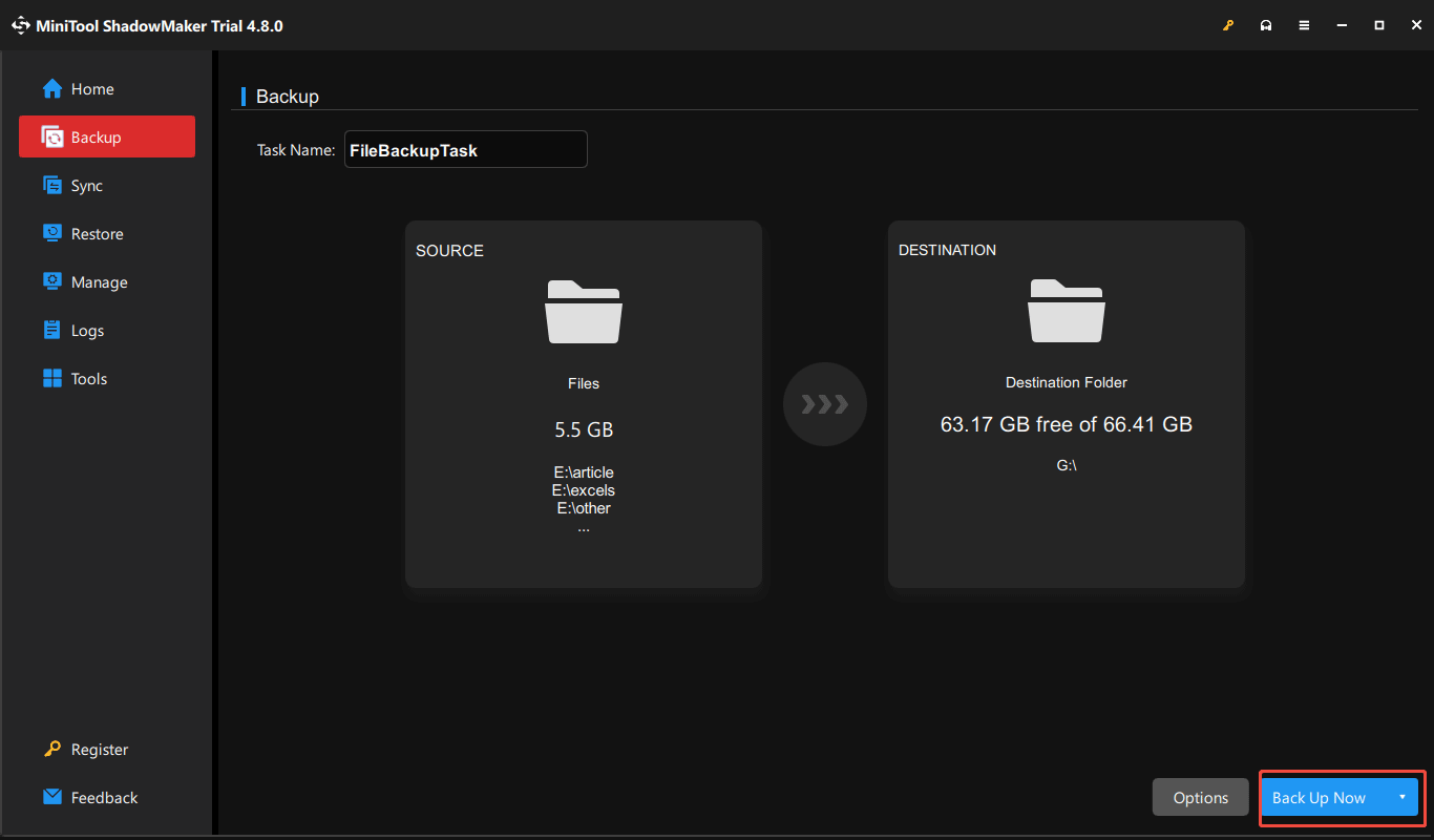MiniTool ShadowMaker interface with backup source and target selected and Back Up Now highlighted.