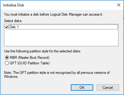 Initialize Disk interface in the Disk Management window with MBR and GPT options.