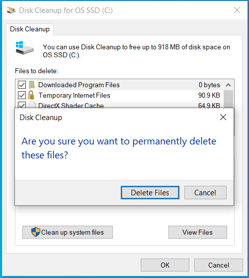 The Disk Cleanup window with selected items to delete.
