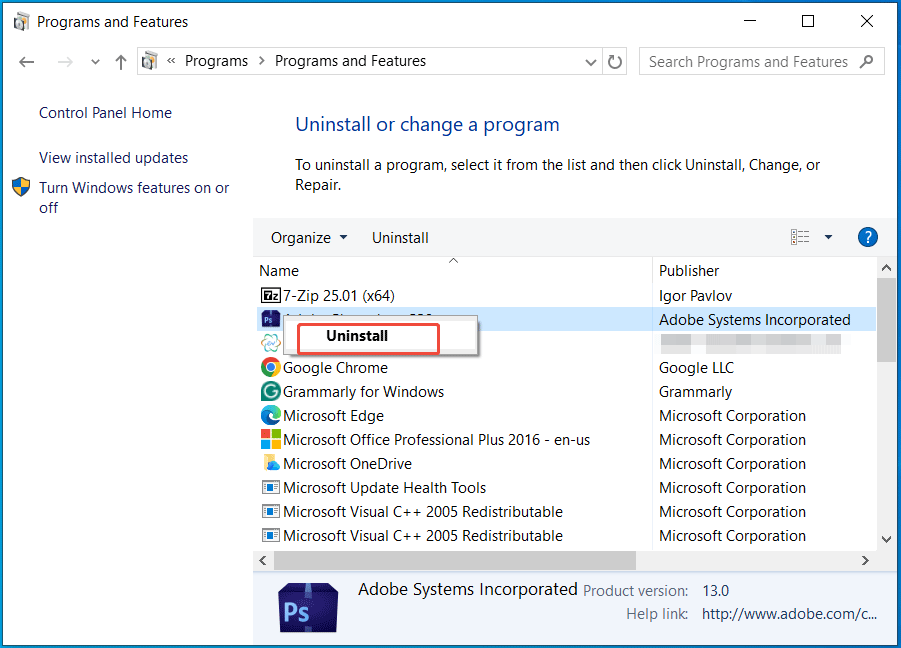 Programs and Features window in Control Panel with selected Uninstall option.