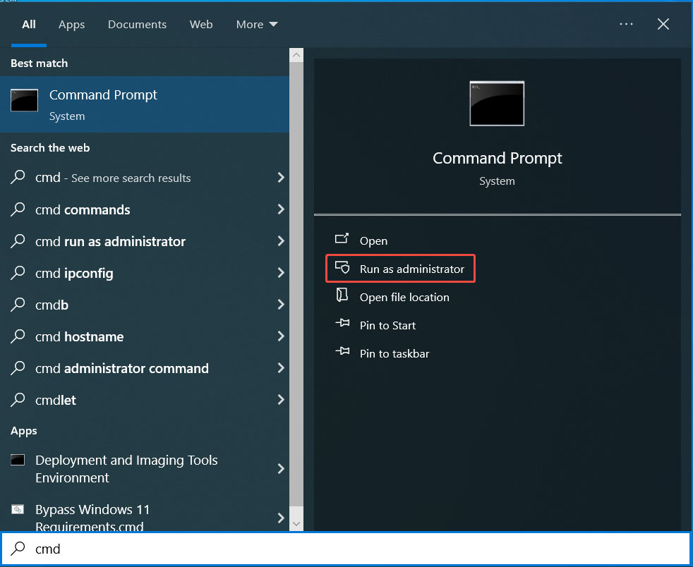 Search box with typed cmd and selected Run as administrator.
