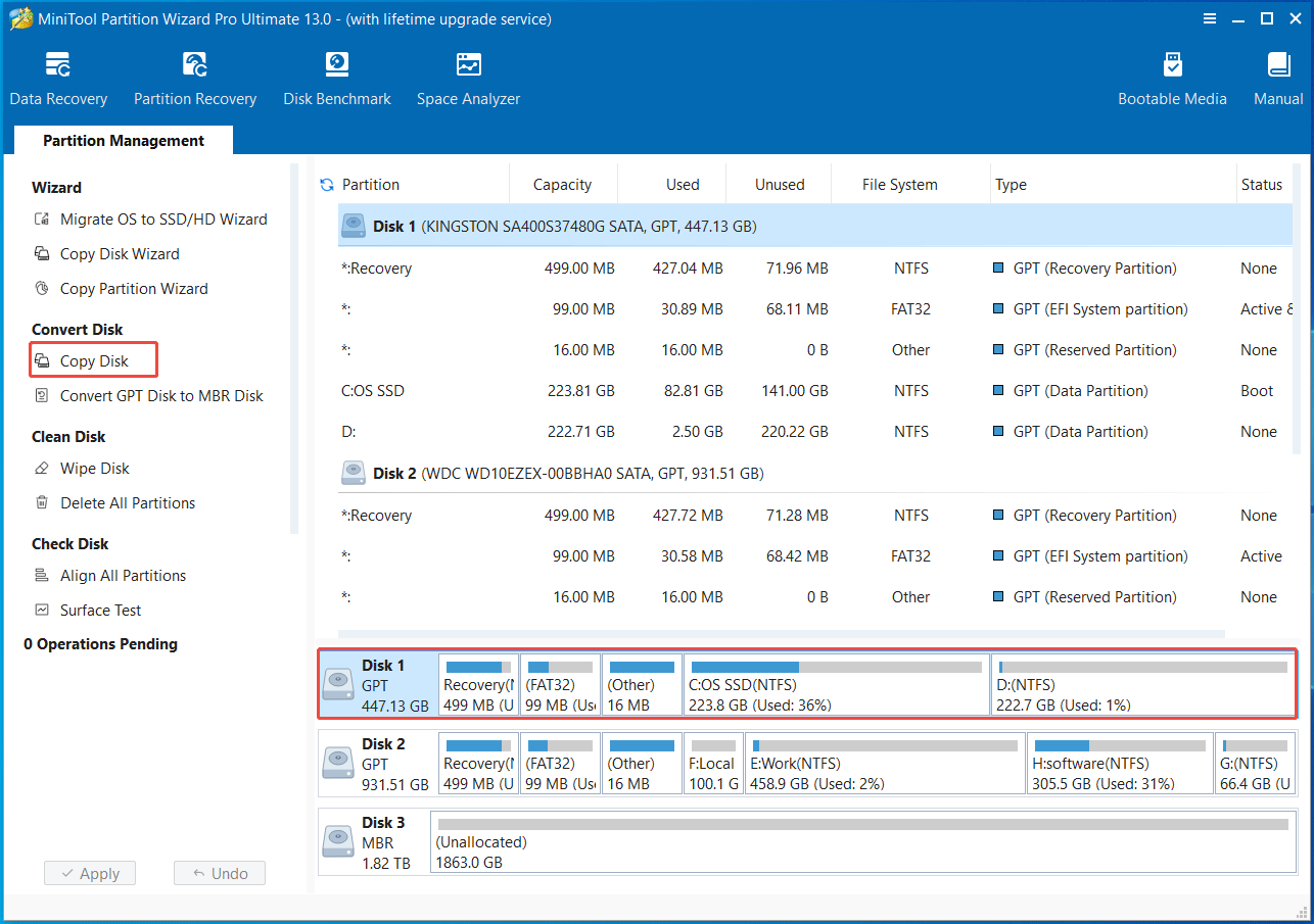 The MiniTool Partition Wizard window with selected system disk and Copy Disk feature.