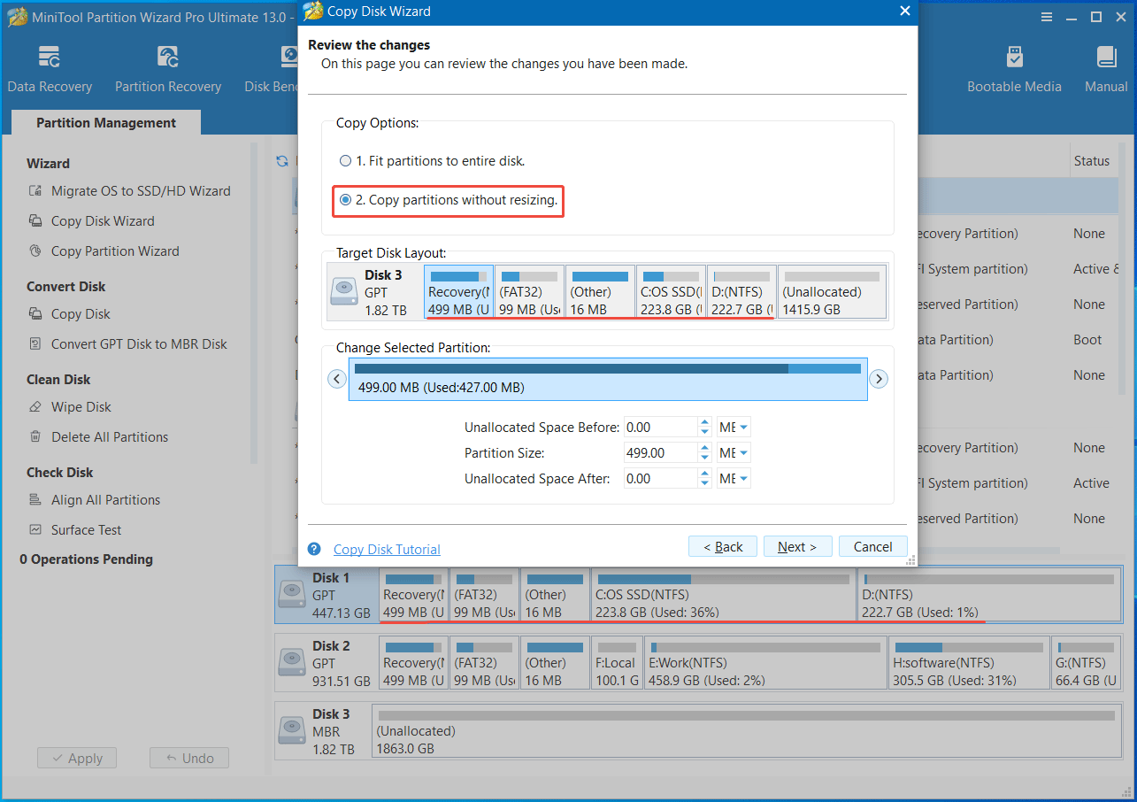 Copy Disk Wizard in MiniTool Partition Wizard interface with the Copy partitions without resizing option.