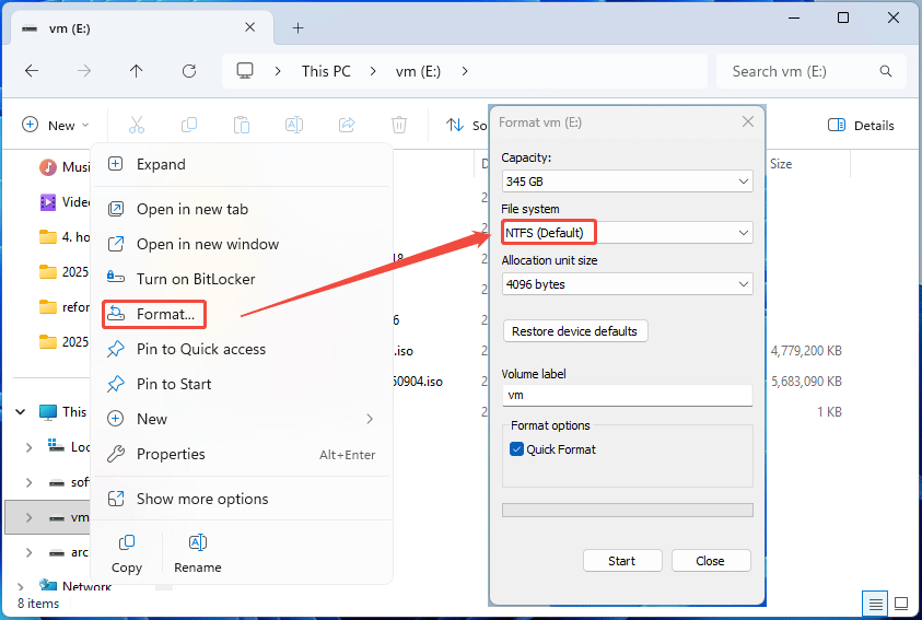 The process of formatting a drive in File Explorer.