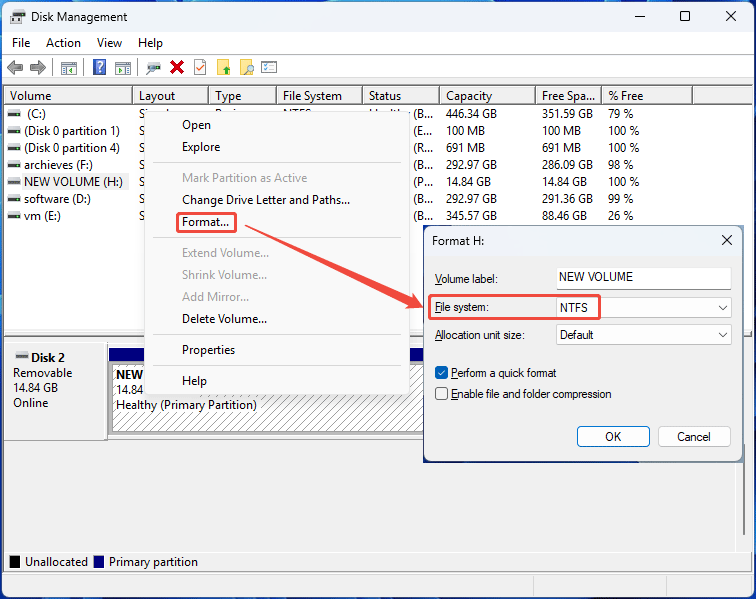 The process of formatting a drive in Disk Management.