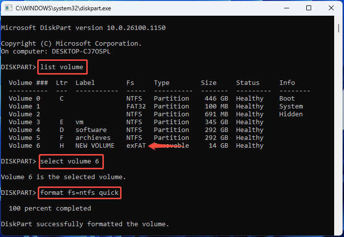The DiskPart commands that format a volume of exFAT partition type.