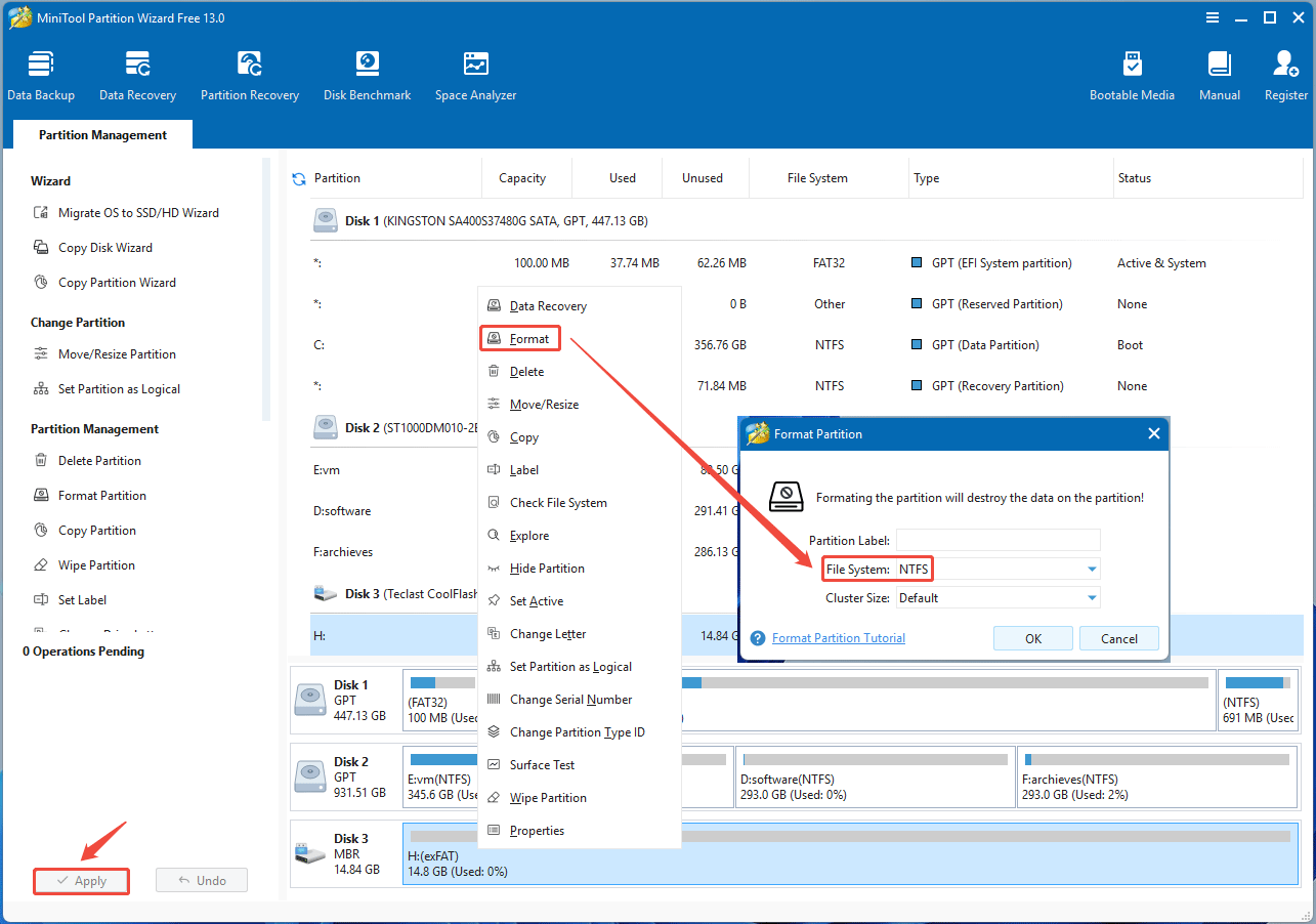 The process to format a drive in MiniTool Partition Wizard.
