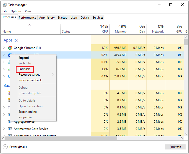 The interface of Task Manager with the selected End Task option.