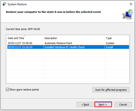 The interface of choosing a restore point and clicking Next.