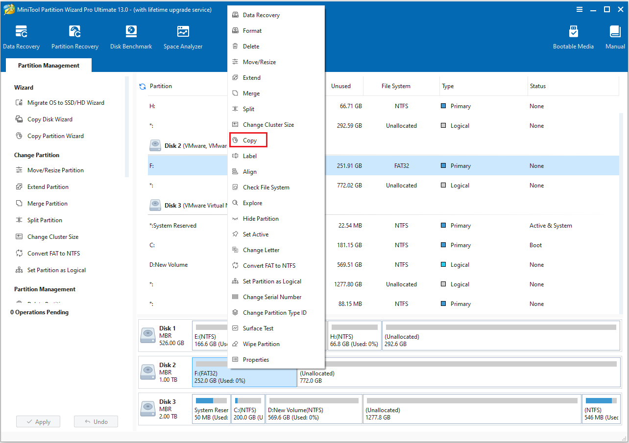 MiniTool Partition Wizard interface with the Copy option in the main interface.