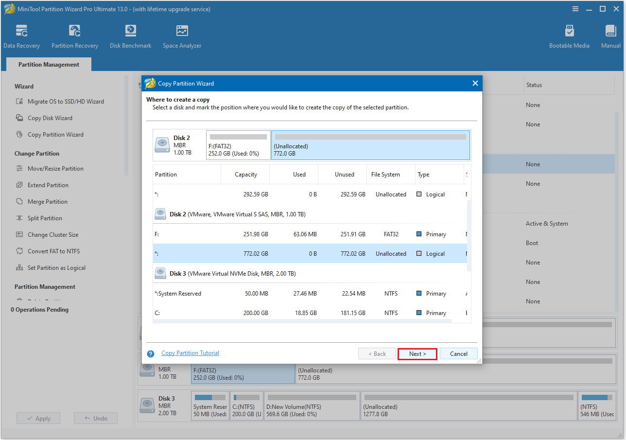 MiniTool Partition Wizard interface with the copy partition window.